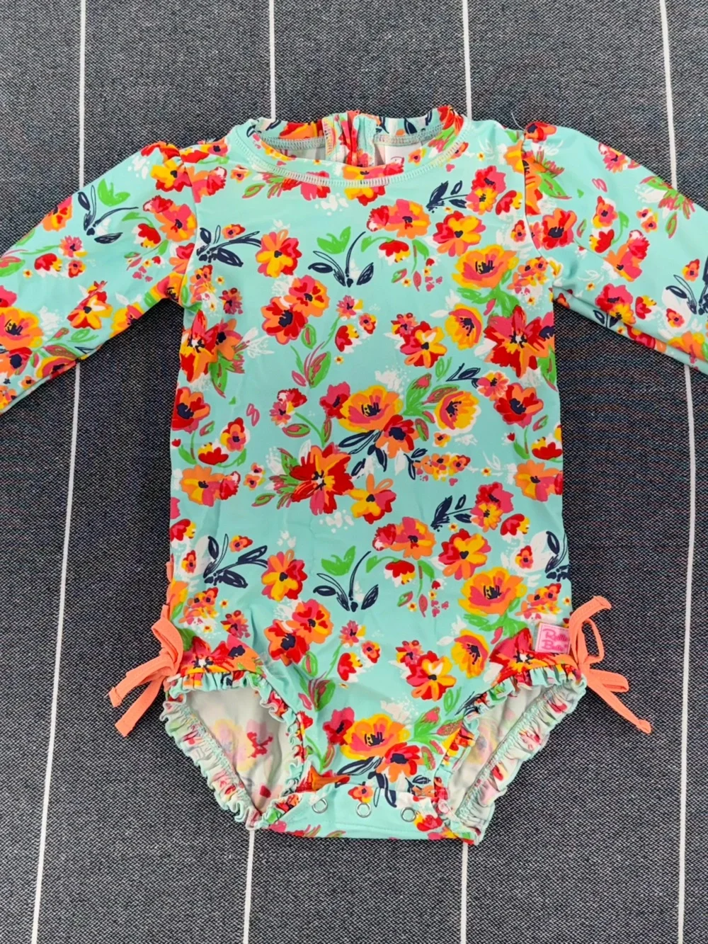 Tots Ruffle Butts Mint Floral Long-Sleeve Ruffle One-Piece with Coral Accents